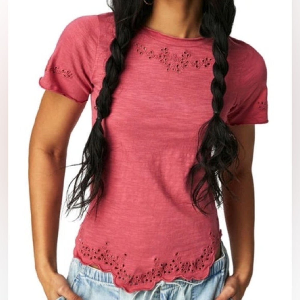 Free People Cutwork Pink Tee T-Shirt